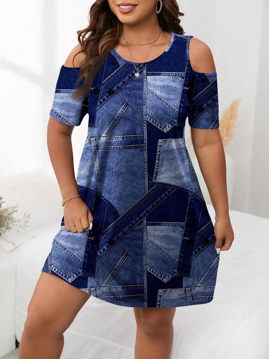 EMERY ROSE Plus Size Dark Blue Texture Print Casual Loose Dress, Suitable For Summer Travel And Vacation,Summer Dresses For Women Suitable For Going Out Chic Dress - Multicolor - View 1