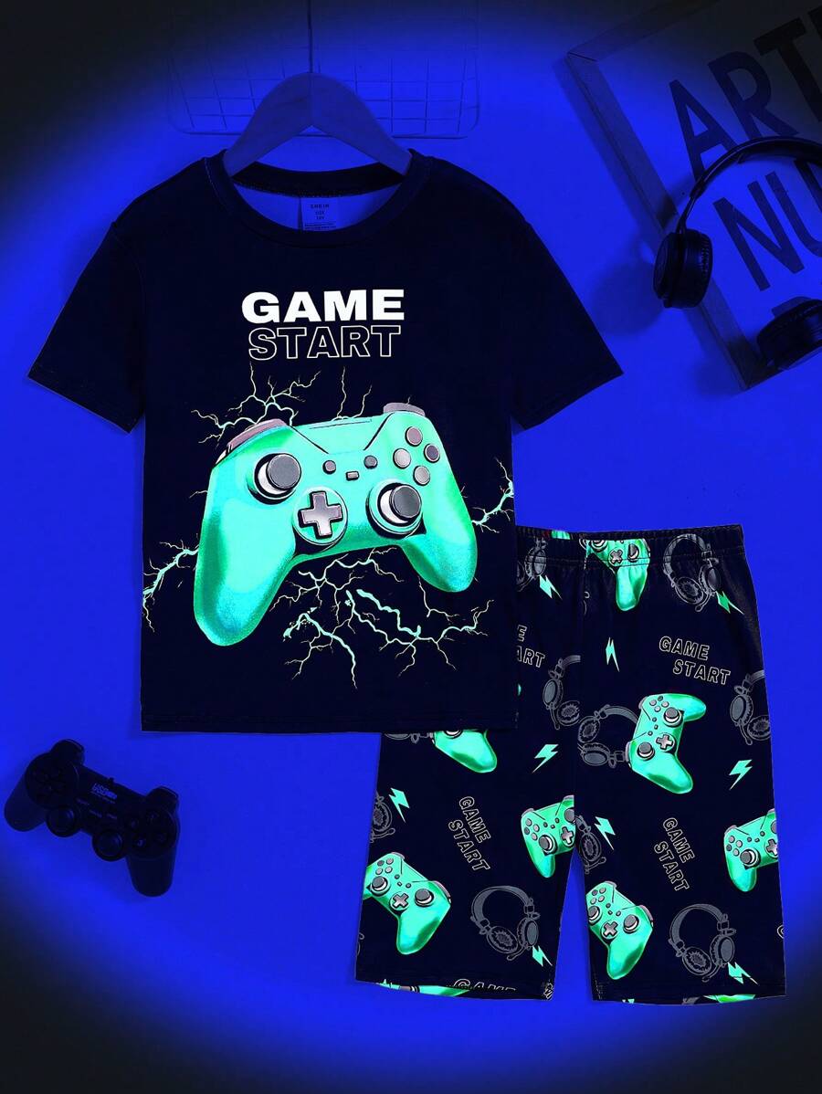 Dozemod Kids & Tween Boys Snug Fit Luminous Game Controller Graphic T-Shirt & Shorts Soft 2 Pieces Pajama Set - Green - View 1