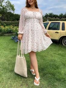 SHEIN EZwear Plus Size Front Drawstring Long Sleeve Woven Fitted Dress For Autumn/Winter - White - View 5
