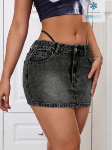 SHEIN ICON 女式休闲街头时尚性感低腰水洗牛仔迷你裙 - 深灰色 - 查看 5