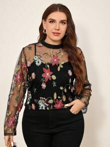 Chikora 曲线加大码女式圆领长袖花卉刺绣透视长袖衬衫，外出服，情人节，情人，夏季/春季，复古，女式工作服，老钱风格女装，办公室，度假，情人节服装，透视上衣