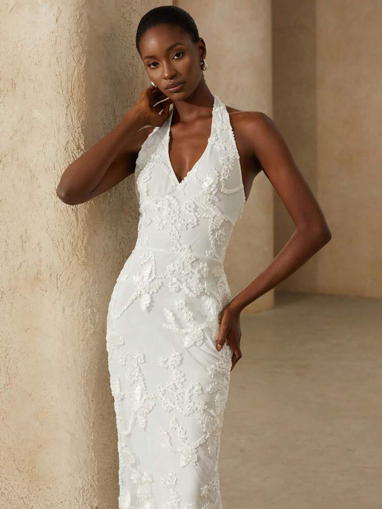 Aveloria Rosie 优雅浪漫性感网眼花卉深 V 露背开衩领口美人鱼连衣裙 - 白色 - 查看 5