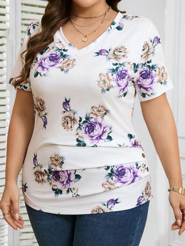 EMERY ROSE Tricou cu mânecă scurtă și decolteu în V pentru mărimi mari, la modă pentru vară