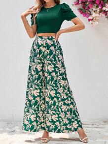 Ellevyn 女士純色短袖擴袖T卹和綠色花卉印花褲裝套裝