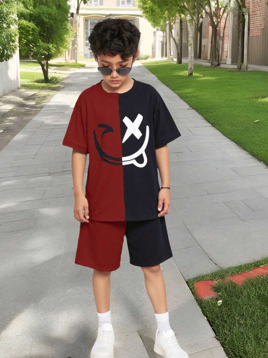 SHEIN Leap Crew 2pcs/Set Tween Boy Casual Adorable Colorblock Round Neck Short Sleeve T-Shirt & Shorts Set, Suitable For Commuting, School, Daily Casual And Sports, Spring/Summer - Red - View 1