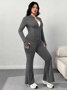 SHEIN EZwear 大码休闲轻便瑜伽夹克和喇叭裤套装，两件套女式灰色两件套长袖两件套女式两件套 - 灰色 - 查看 4