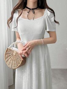 FRIFUL Women's Fashionable Romantic Sweet Mesh Panel Crew Neck Short Sleeve Dress - White - View 5