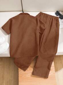 Ensemble 2 pièces pour garçon préadolescent, chemise à col polo manches courtes ample de couleur unie et pantalon long