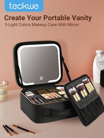 Teckwe Travel Makeup Bag With LED Mirror, Cosmetic Train Case With Light Up Mirror, Portable Makeup Artist Organizer Bag With Adjustable Dividers, Makeup Brush Holder Storage Y2K Fashion Makeup Cosmetic Party Beach Travel Camping Outdoors School Campus
