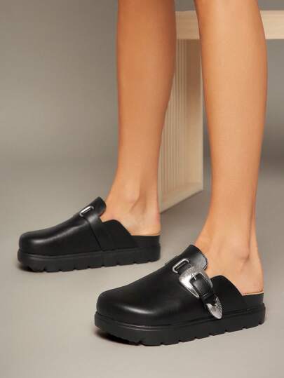 SHUZIA Zuecos de plataforma estilo occidental de PU negro con hebilla esencial para mujer - Plantilla acolchada y suela con relieves para comodidad durante todo el día