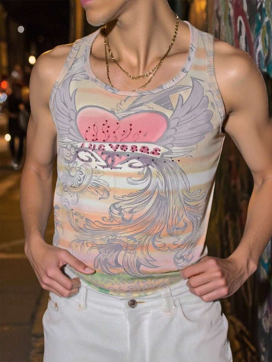 Manfinity Dauomo 男式休闲罗纹图案印花无袖背心 - 彩色 - 查看 1