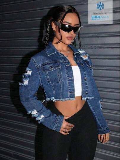 SHEIN ICON Women's Casual Distressed Raw Edge Cropped Washed Denim Jacket, Suitable For Spring, Summer, Autumn