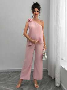SHEIN 2 Pieces Set Pregnant Women Oblique Collar Floral Print Sleeveless Top And Adjustable Waist Pants - Pink - View 1