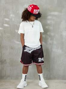 Coolane Shorts de malla con cordón en la cintura, con rayas y estampado de letras, para adolescentes en primavera/verano