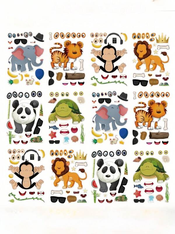 6/12pcs Animal Stickers Incl. Lion, Tiger, Elephant, Monkey, Turtle, Panda For DIY Face Art, Party Favors, Gift Bag Fillings