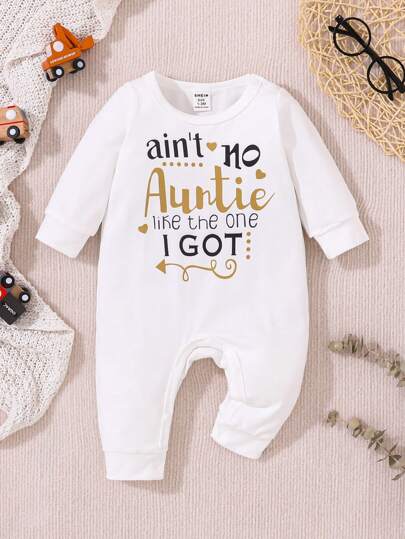 SHEIN Macacão de manga comprida com estampa de letras para recém-nascidos, roupa casual versátil em camadas para primavera e outono, adequado para ficar em casa