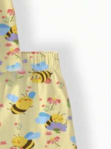Camiseta de manga corta y cuello redondo de estilo minimalista informal con estampado de abeja y flor para bebé niña, adecuada para el verano