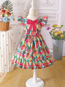 Girls Vacation Tropical Plant Print Colorful Bow Decor Dress, Suitable For Beach Trip And School Vintage Dresses For Girls Vintage Girls Dress Girls Summer Clothes Dress Girls Vintage Dress Girl Clothes Summer Dresses - Multicolor - View 2