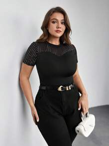 SHEIN Privé Plus Size Mesh & Glitter Patchwork Slim Fit T-Shirt - Black - View 9