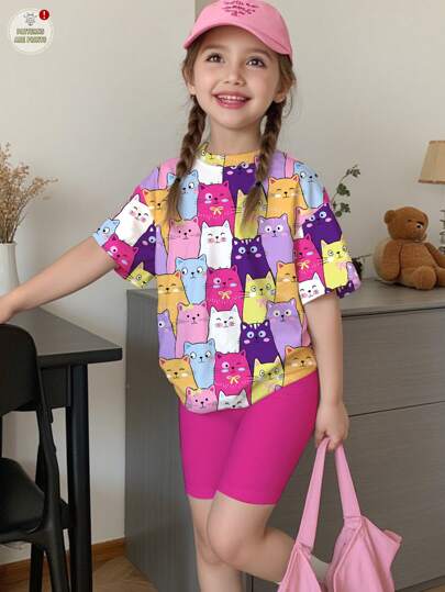 SHEIN Bộ 2 món/Bộ áo thun tay ngắn in hình mèo dễ thương nhiều màu sắc cho bé gái và quần short, thời trang thoải mái cho mùa hè, thích hợp cho ngày tựu trường