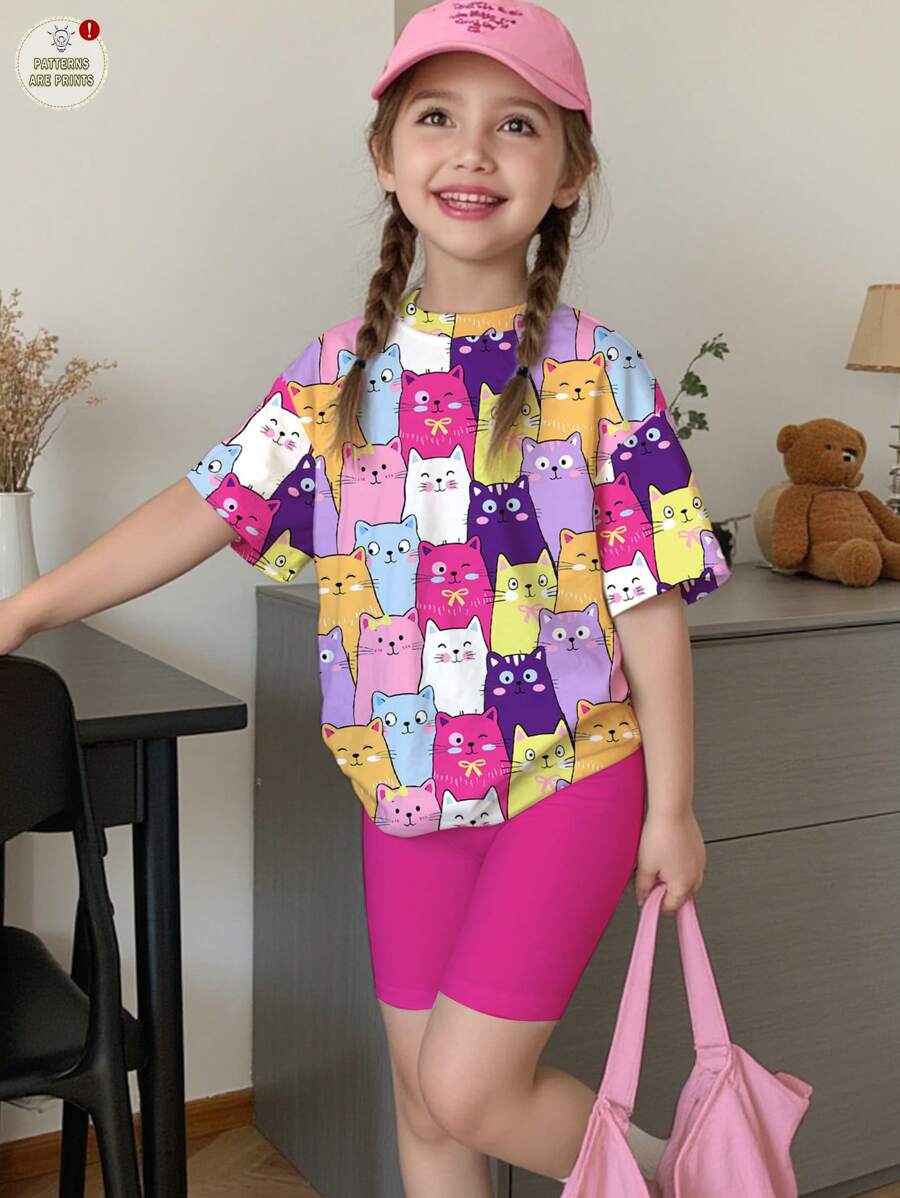 SHEIN Bộ 2 món/Bộ áo thun tay ngắn in hình mèo dễ thương nhiều màu sắc cho bé gái và quần short, thời trang thoải mái cho mùa hè, thích hợp cho ngày tựu trường - Nhiều màu - Xem 1