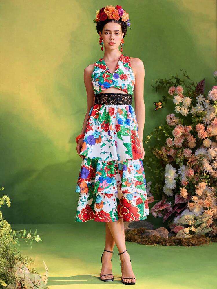 Redefinition Frida Kahlo X SHEIN X Designer Floral Print Lace Cut Out Layered Sleeveless Midi Dress For Women Summer Vacation Holiday - Multicolor - View 3