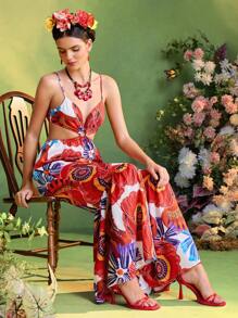 TIYA Frida Kahlo X SHEIN X Designer Summer Tropical Floral Printed Tie Backless Slip Jumpsuit , Women Vacation Outfits - Multicolor - View 7