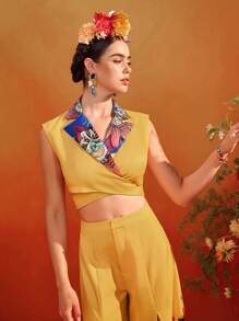 Israel Jasso Frida Kahlo X SHEIN X Designer 黄色花卉印花翻领丝带短款上衣女款夏季度假 - 彩色 - 查看 7