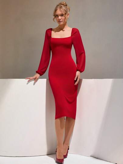 RueChic Women Elegant Dress, Mesh Fabric Patchwork, Bodycon Shape