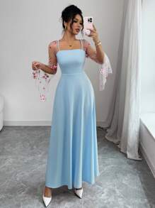 Elenzga 女式刺绣网眼拼接喇叭袖连衣裙 女式长款服装 - 藍色 - 查看 6