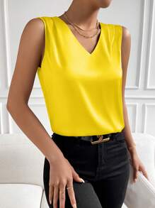 SHEIN Clasi Camisa sin mangas de unicolor minimalista para mujer, uso casual diario - Amarillo - Ver 3
