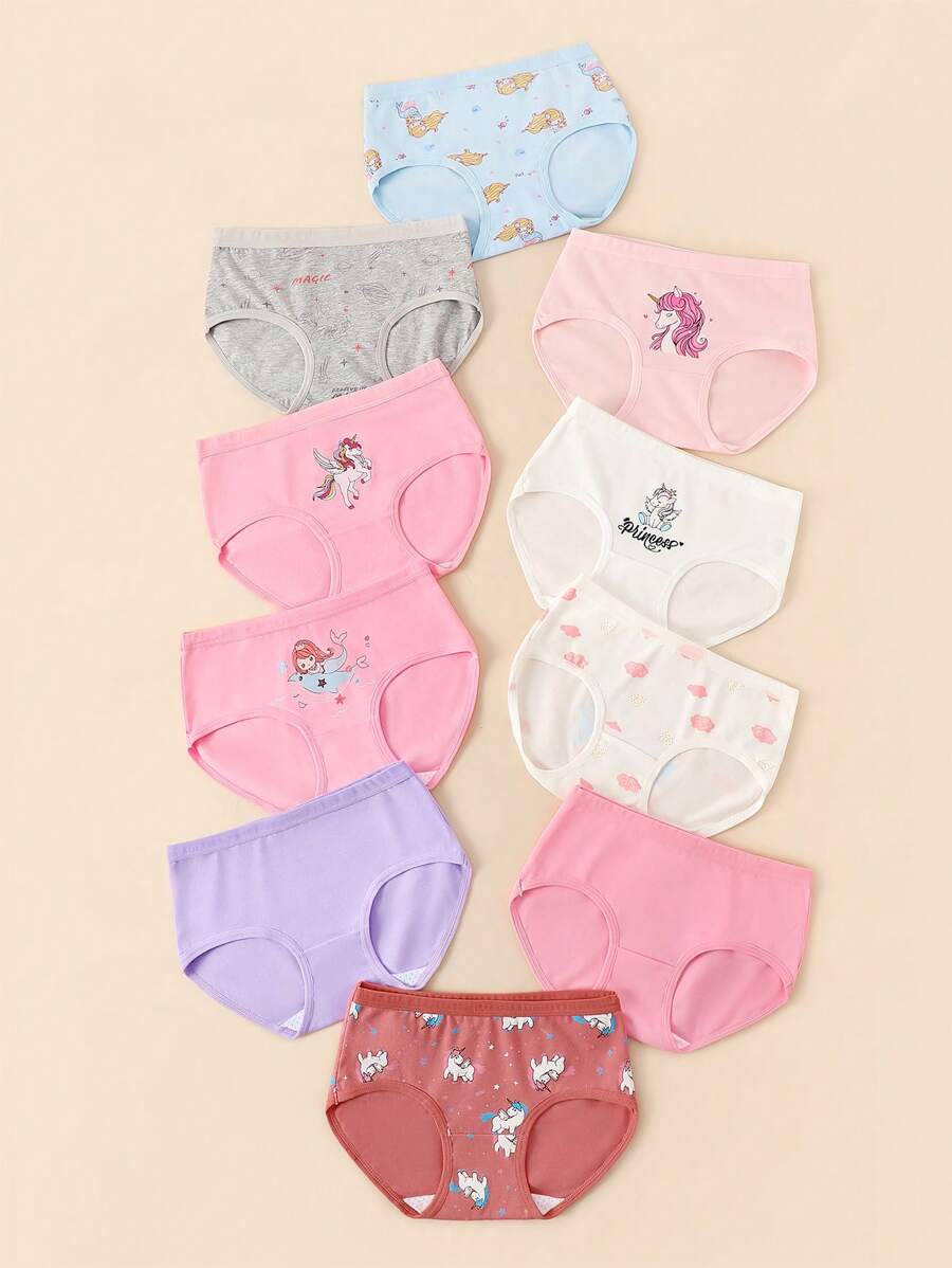 10pcs Young Girl Underwear Set Printed With Letter & Unicorn Pattern - Multicolor - View 1