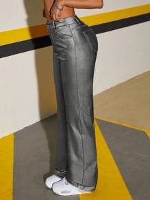 SHEIN Tall Women's Fashion Coated High Waist Straight Leg Pants Fall Cloth For Women - Silver - View 4