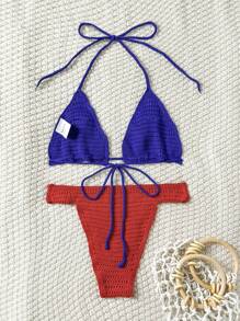 Swim Mod Cherry Decor Crochet Bikini Set, Fashion Casual Vacation Wear, Women Sexy Holiday Beach Fruit Halter Knit Top And Bottom 2 Pieces Set, Color Block Summer Beach Cover Up - Multicolor - View 2