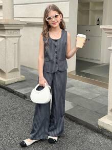 SHEIN Conjunto de 2 piezas con blazer sin mangas de cuello cuadrado a rayas y pantalones de pierna ancha para niña preadolescente - Gris Oscuro - Ver 7