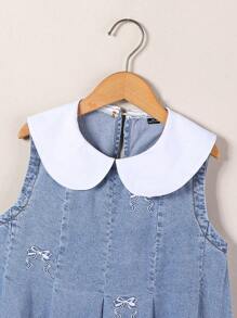 Novo Vestido Denim Infantil Feminino Sem Mangas com Colarinho Peter Pan e Bordado de Borboleta, Vestido Infantil