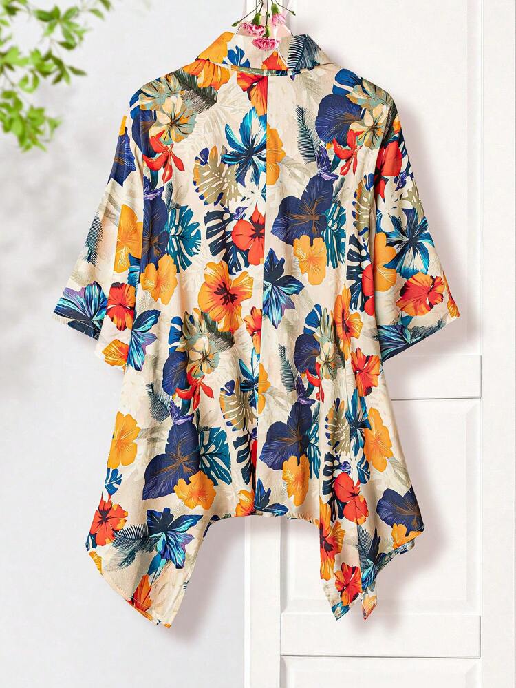 Country Vacation 1/2 Bell Sleeve Floral Print Bat Hem Shirt Collar Button Down Plus Size Shirt, Spring/Summer Fall Country Concert Country Women