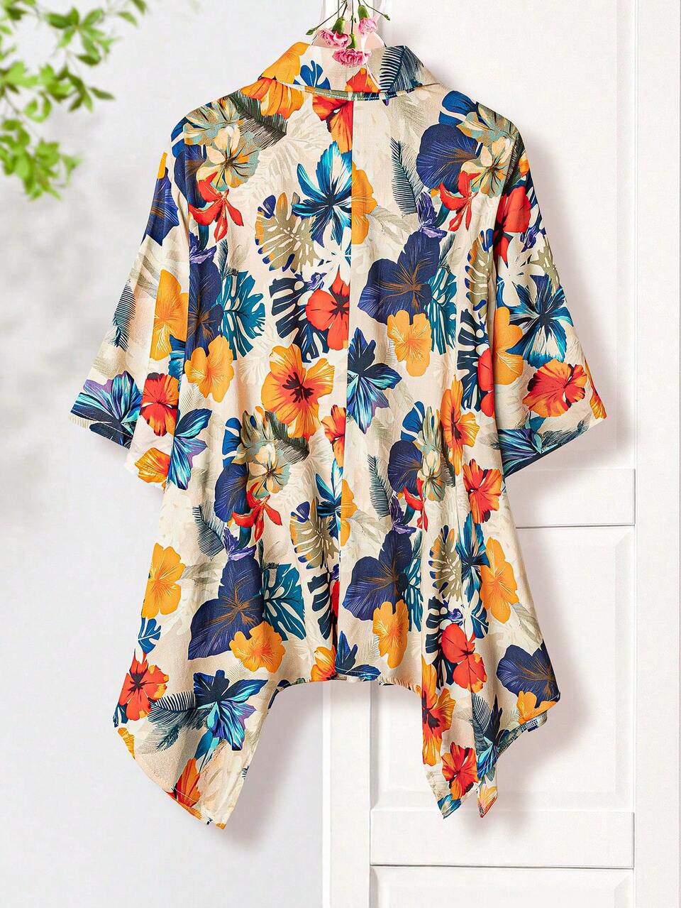 Country Vacation 1/2 Bell Sleeve Floral Print Bat Hem Shirt Collar Button Down Plus Size Shirt, Spring/Summer Fall Country Concert Country Women