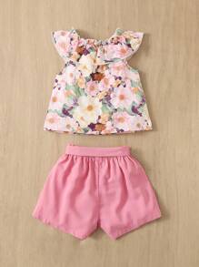 SHEIN Blusa Estampada Con Volantes Y Pantalones Cortos Con Cinturón Para Bebé Niña - Multicolor - Ver 2