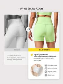 GLOWMODE 4.3" FeatherFit™ High-Rise Waist Shorts With Built-In Shorts Non-Slip Grips Low Impact Yoga Pilates Studio Daily Casual Wear - Green - View 2
