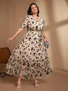 SHEIN Clasi Plus Size Women Long Sleeve Mesh & Flocked Dress, Elegant Summer Dress, Suitable For Outdoor Wear Fall Women Clothes Fall Clothes Autumn Business Casual - Multicolor - View 10