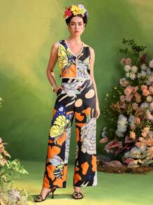 ISELACOS Frida Kahlo X SHEIN X Designer 全印花无袖撞色边背心夹克，带刺绣蕾丝贴片 - 彩色 - 查看 4