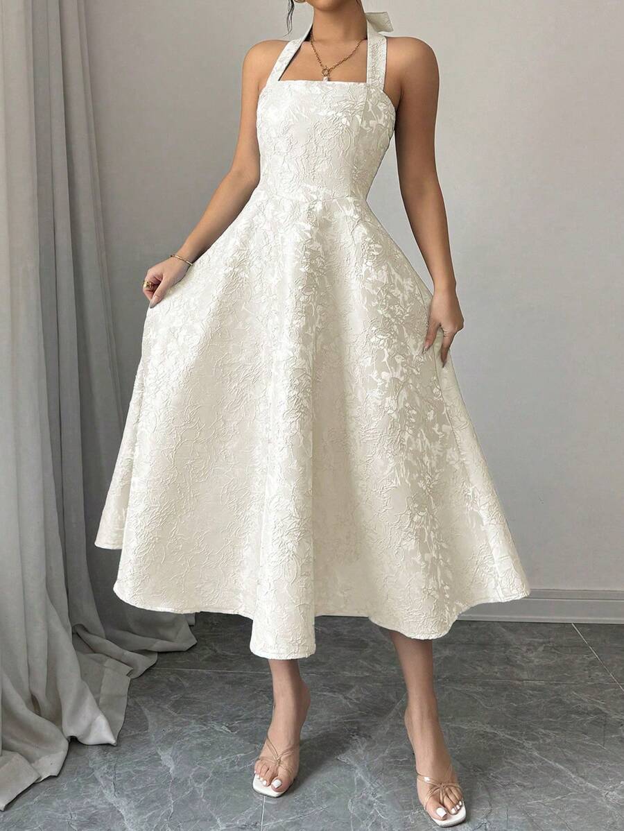 Elenzga 大码女式花卉提花吊带优雅连衣裙，夏季 - 杏色 - 查看 1