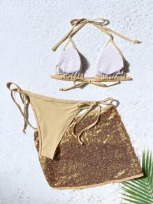Swim SXY 3pcs Women Sparkly Bikini Set, Strappy Backless Sexy Swimsuit For Summer Beach Vacation - Gold - View 6