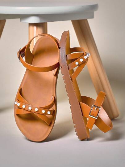 Mini mi Sandale pentru fete, din piele vegană, maro deschis, cu cataramă și barete cu accent de perle artificiale - Pantofi confortabili pentru ocazii elegante, plajă și jocuri în apă