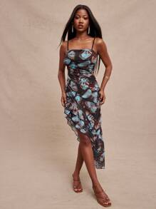 NYA SZN Vestido con volantes medianos y abertura, tirantes delgados, vestido de verano para fiesta, vestido sexy para eventos, vestido elegante para festivales occidentales, conciertos, fiestas, vacaciones, primavera, brunch, graduación, boda, Pascua, color azul pastel con estampado de mariposa para mujer