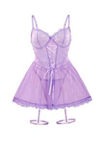 Snug Zone 3pcs Lace & Mesh Lingerie Dress For Going Out - Lilac Purple - View 3