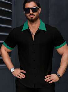 Manfinity Homme Men's Casual Colorblock Short Sleeve Shirt, Summer