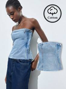 Maija 女士休闲水洗蓝色牛仔抹胸 - 淺色水洗藍 - 查看 2
