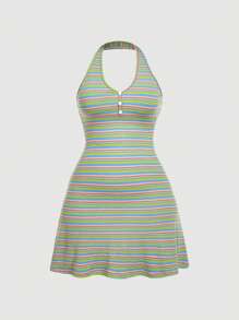 SHEIN MOD Dopamine Colored Stripe Front Button Decoration Scoop Neck Fitted Stretchy Bodycon Dress - Green - View 1